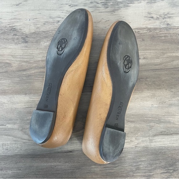 ALEXANDER Mcqueen Tan Leather Gold Rhinestone Skull Ballet Flats - Picture 8 of 14